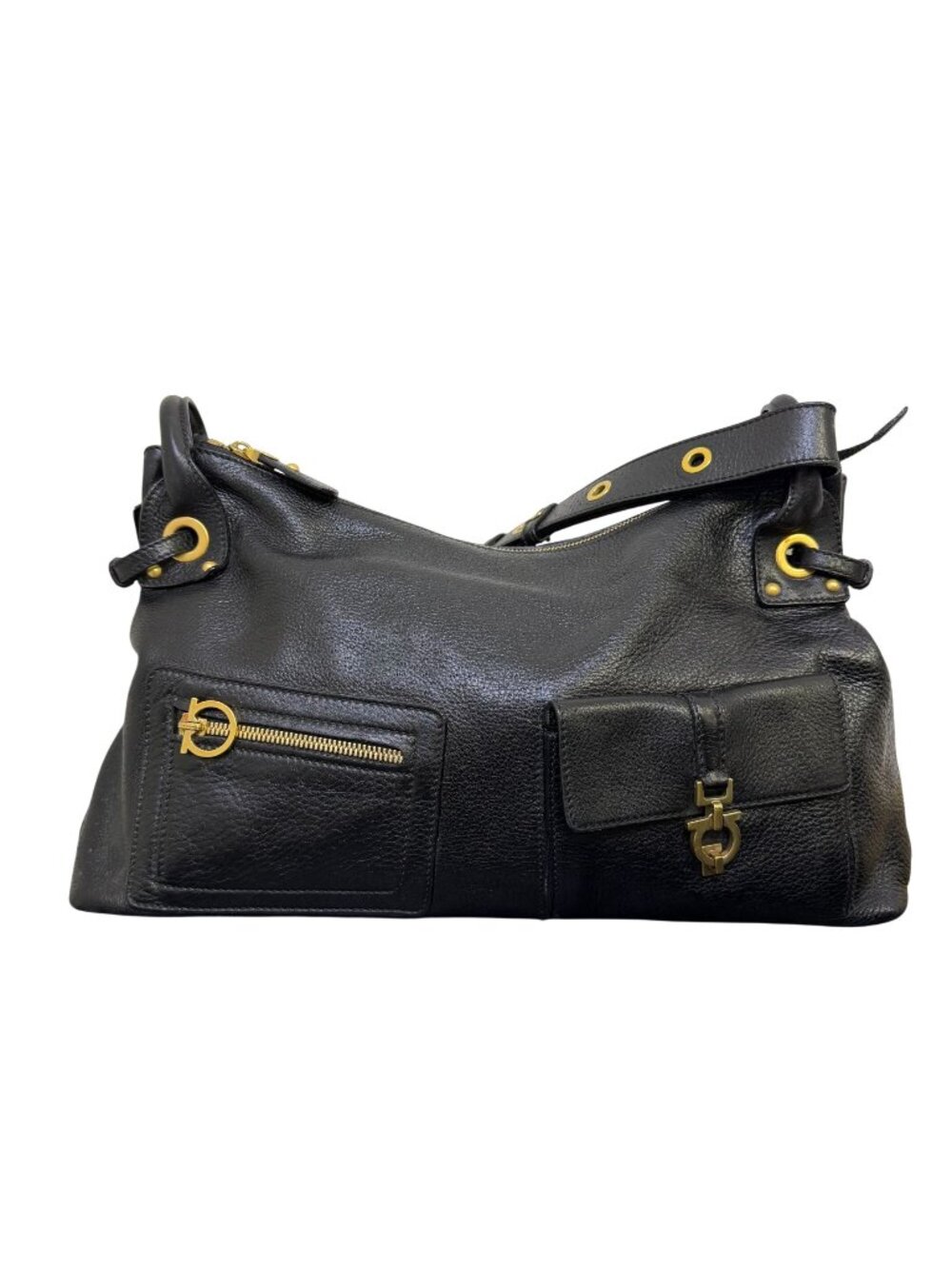 Salvatore Ferragamo Black Leather Shoulder Bag With Front Pockets